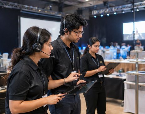 Event crew with headsets and tablets