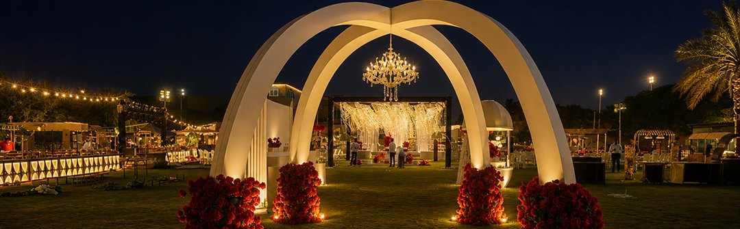 Wedding entrance arches with chandelier, designed by Wedmin in the UAE